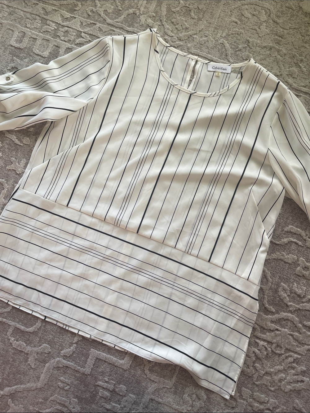 Calvin Klein Cream Blouse with Black Pinstripes
